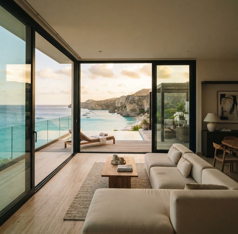 Wide-angle view from inside a luxurious, sunlit living room with modern minimalist decor, looking out through large sliding glass doors onto a private terrace with a panoramic turquoise ocean view and dramatic cliffs of Playa Lagun in the distance, golden hour light, architectural framing
