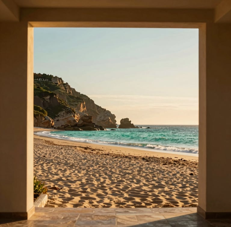 Dramatisch uitzicht op de klif van Playa Lagun bij zonsondergang, met de turquoise zee en een zandstrand op de voorgrond, architectonische framing, gouden uur licht.