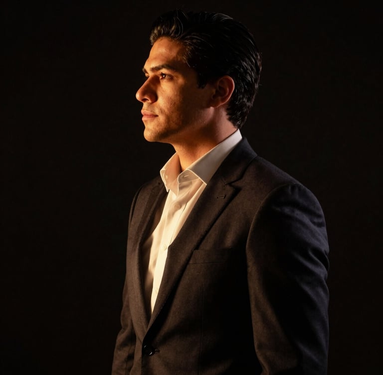 Retrato editorial de perfil de Jayan Cervantes, vistiendo traje oscuro de alta sastrería, iluminación dramática de estudio con sutiles destellos dorados, fondo negro profundo, fotografía de 35mm con enfoque nítido