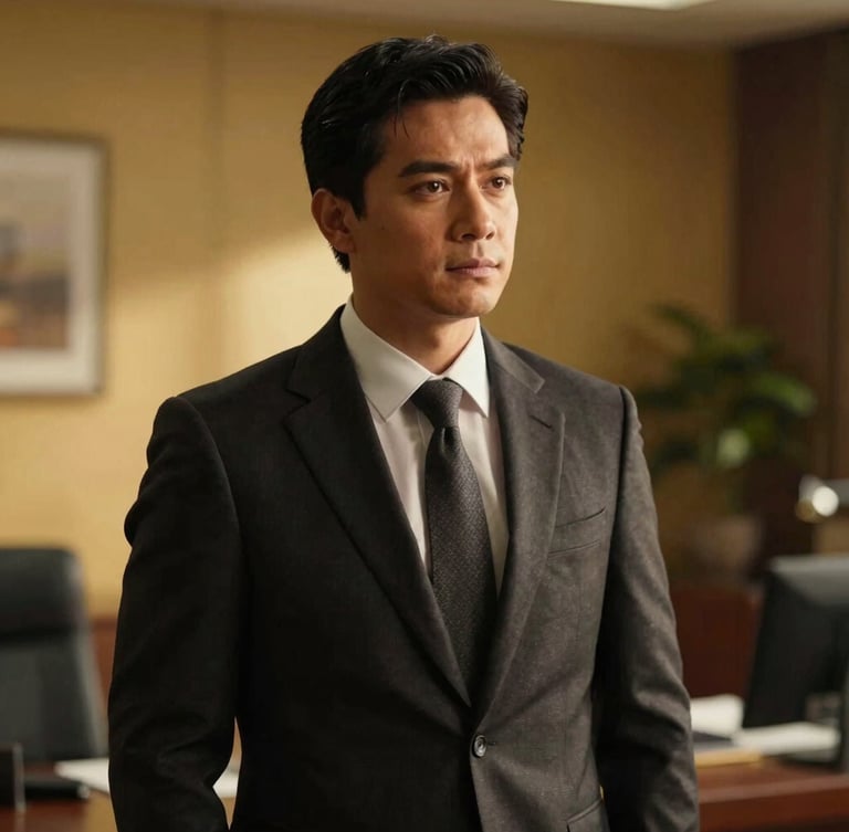 Cinematic portrait of Jayan Cervantes in a tailored dark suit, natural side-lit executive office environment, warm gold and deep obsidian tones, shallow depth of field, 35mm