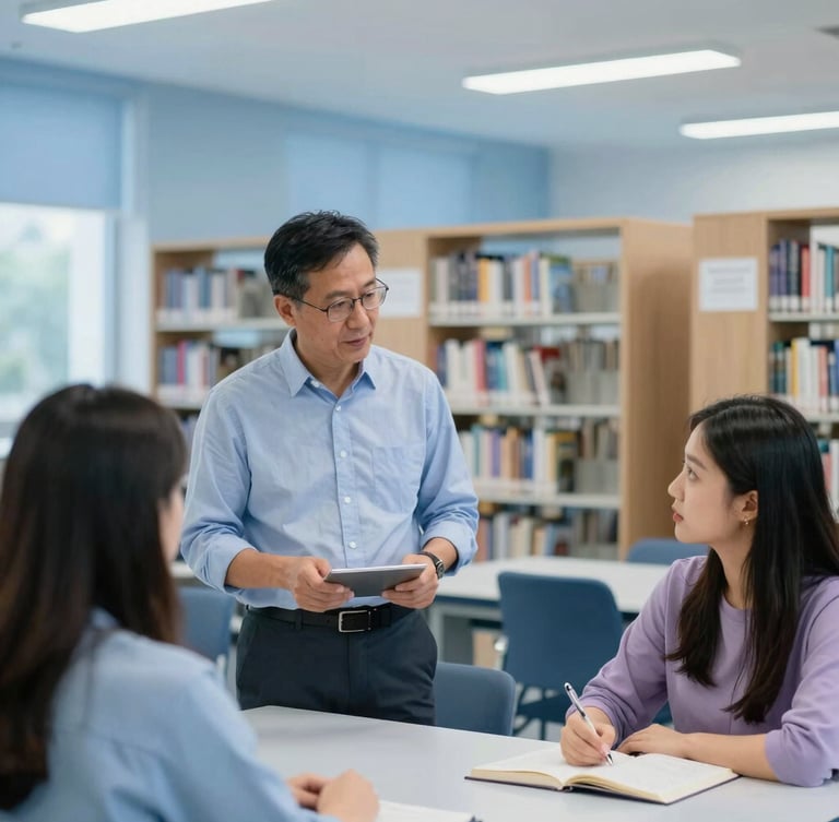 Medium-wide shot of an academic mentor guiding a pre-service teacher in a bright, modern classroom library, shallow depth of field, cool blue tones.
