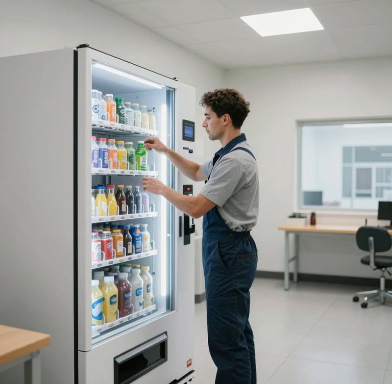 Wide shot of a professional uniformed technician in a clean, modern warehouse breakroom, stocking fresh items into a glowing glass-front vending machine, bright natural light.