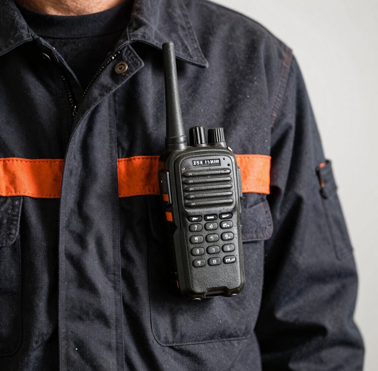 Gritty industrial walkie-talkie clipped to a heavy-duty work jacket, high-contrast side-lighting, safety-orange accent visible, sharp focus, 35mm