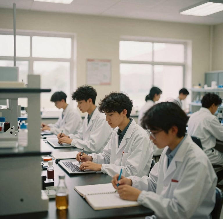 Medium wide environmental shot of university students collaborating in a modern biology laboratory, natural diffused daylight from large windows, warm muted tones, shallow depth of field, authentic 35mm film look.