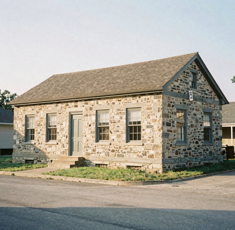 A wide historical archive photo of a stone schoolhouse in Lebanon, warm afternoon sun casting soft shadows, authentic 35mm film look, editorial documentary style.