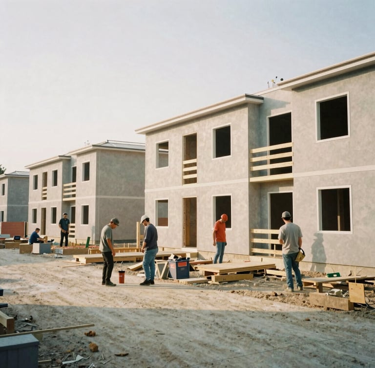 Wide environmental shot of a community housing project under construction, local workers collaborating under diffused daylight, authentic 35mm film look.