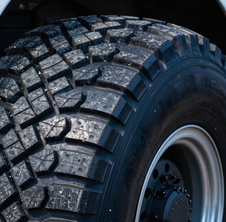 Macro close-up of heavy-duty truck tire tread pattern, sharp focus on deep rubber grooves, dramatic studio lighting highlighting metallic rims and industrial texture