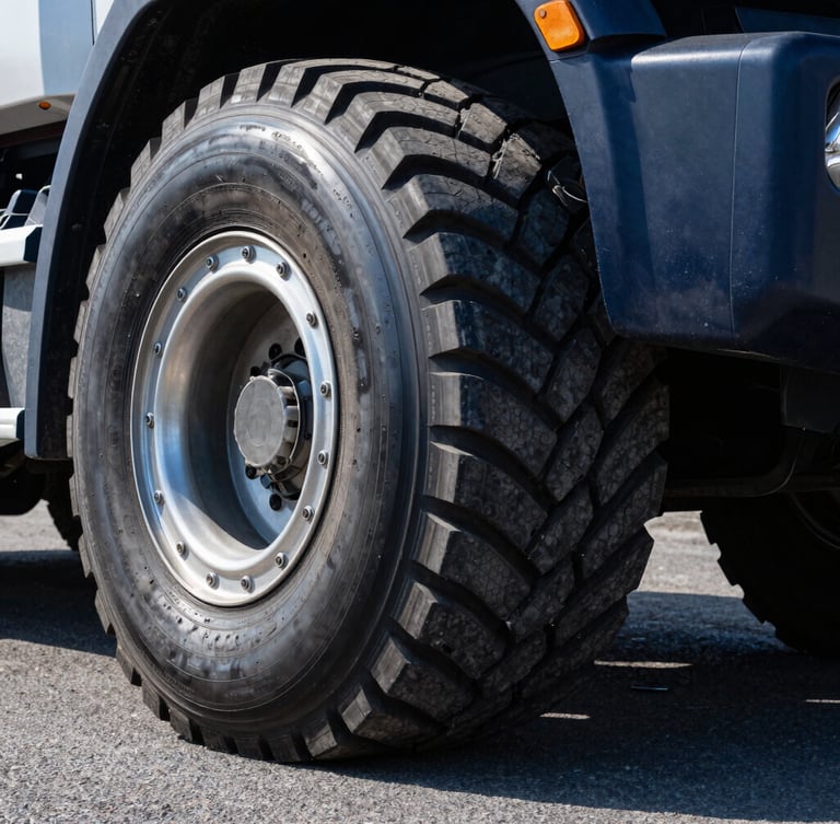 Low-angle heroic shot of a heavy-duty transport truck tire tread on asphalt, crisp daylight highlighting deep rubber grooves, metallic rims, dramatic commercial photography, 35mm lens.