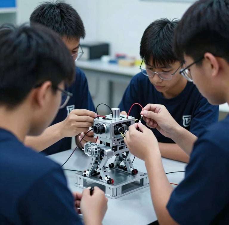 Dynamic over-the-shoulder shot of high-school students intensely focused on wiring a custom aluminum robot chassis, cool workshop daylight, metallic textures, deep blue tones, 50mm lens
