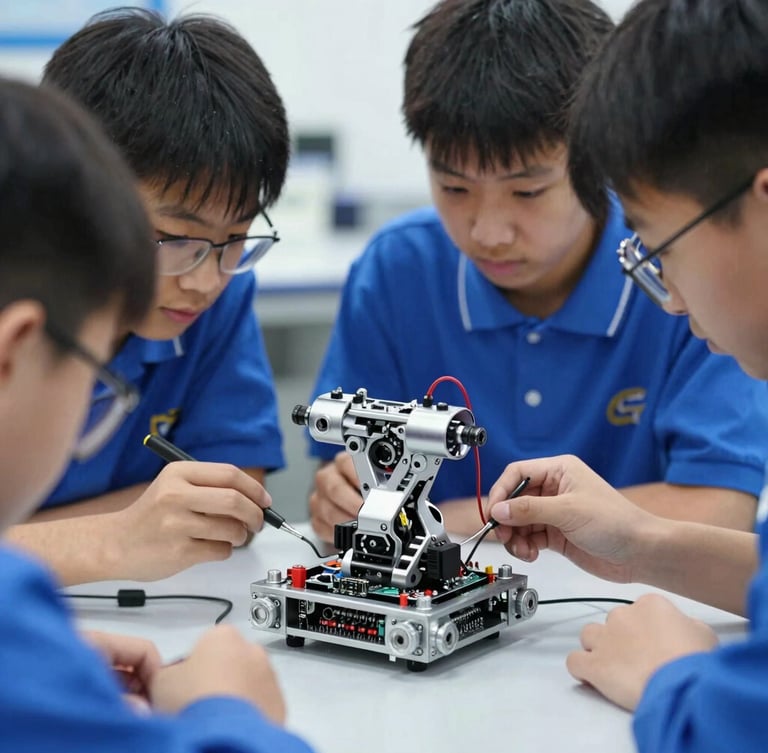 Crisp technical photography of high-school students intensely focused on a robotic microcontroller, cool workshop daylight, sharp metallic textures, deep blue and silver tones.