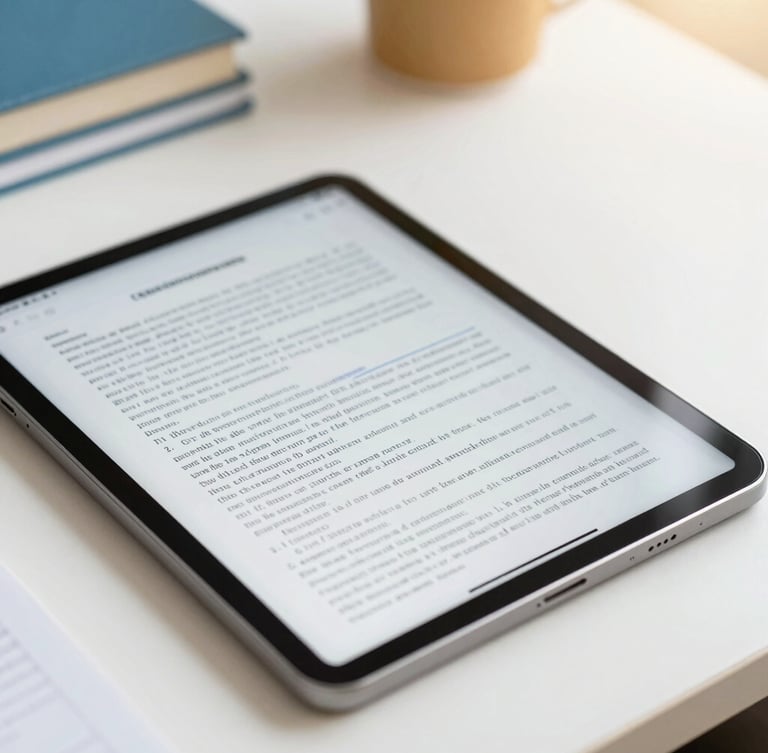 Close-up of a clean study desk, an open tablet showing a highlighted law PDF, warm natural daylight, soft focus, 35mm photography