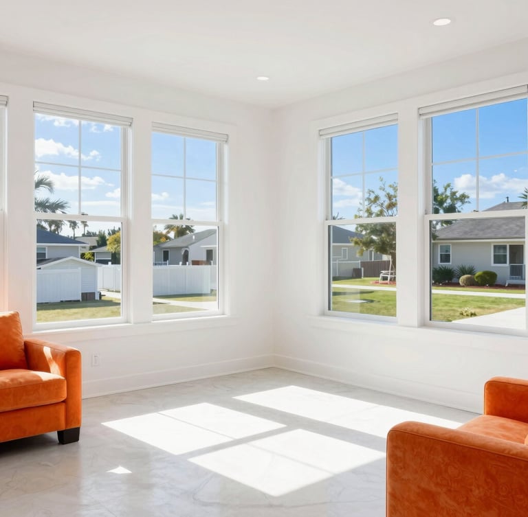 Bright high-key interior photography of a modern Cape Coral living room, crisp natural sunlight pouring through large windows, clean white surfaces with subtle vivid orange accents, 35mm