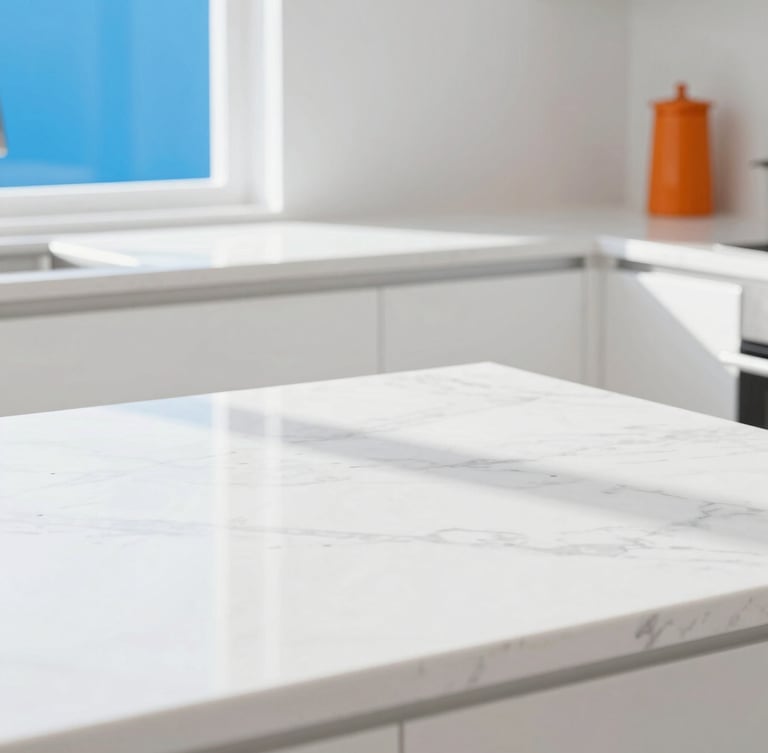 Bright high-key interior photography of a pristine modern kitchen, crisp natural sunlight reflecting off clean white marble countertops, 35mm