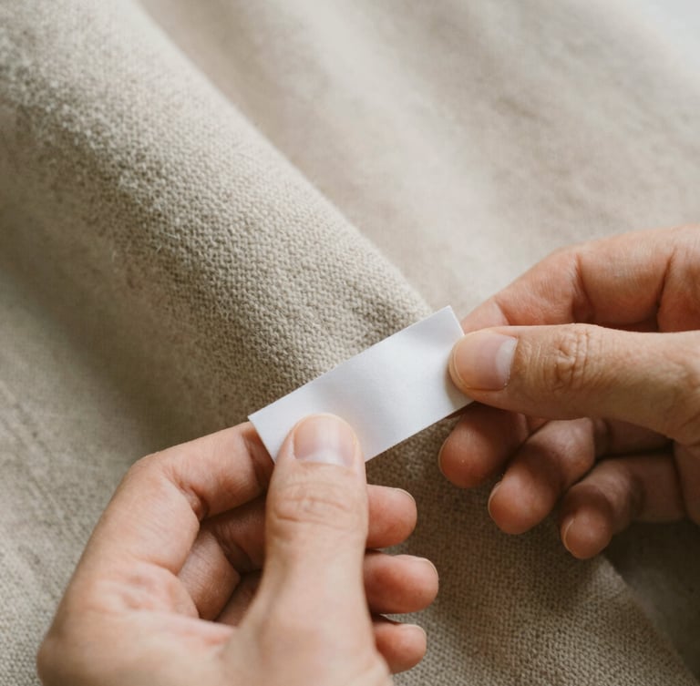 Close-up of high-quality wool fabric stitching, warm natural daylight, hands holding a minimalist garment tag, shallow depth of field