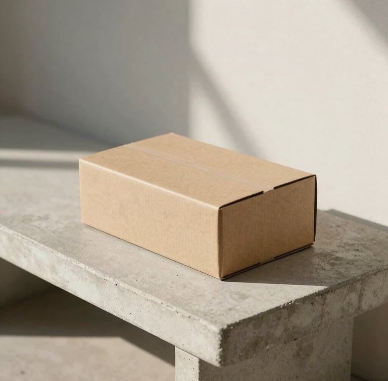 Minimalist cardboard packaging box on a concrete bench, warm afternoon sun casting soft architectural shadows, clean Scandinavian design