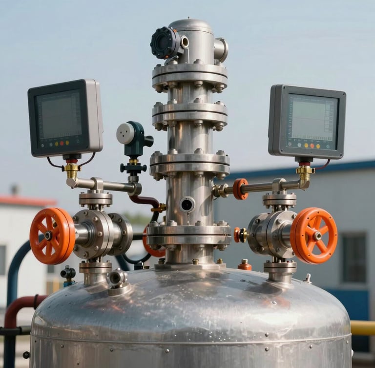 Close-up of a robust industrial oxygen generator pressure swing adsorption vessel, steel valves and digital monitoring interfaces with safety orange accents, hard high-contrast daylight, 35mm
