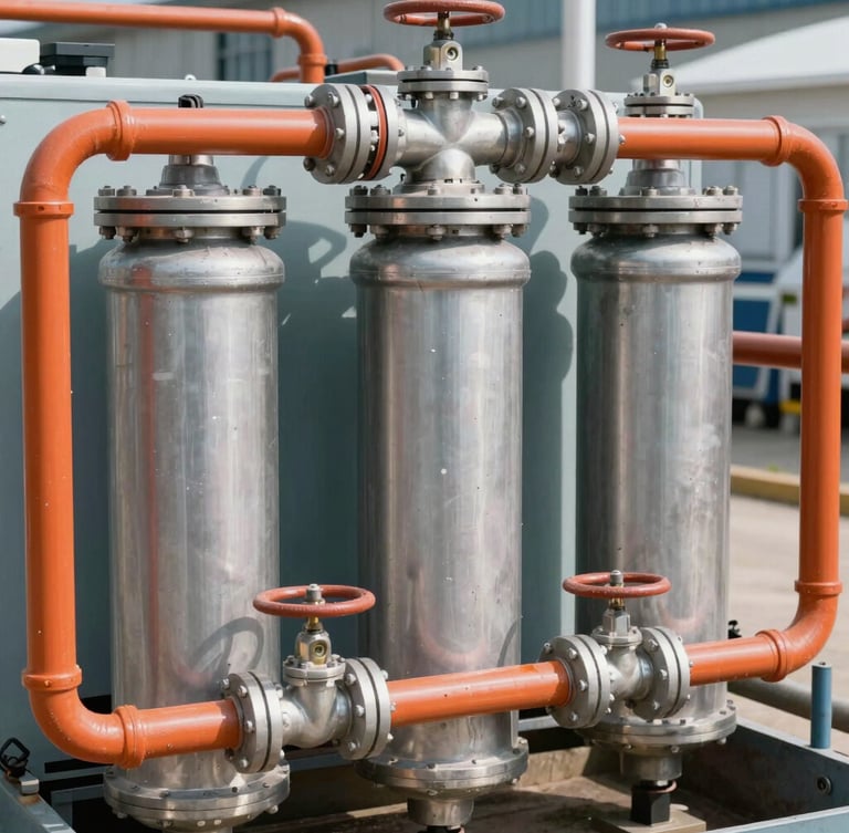 Close-up of a robust industrial water filtration unit with metallic valves and safety orange pipes, hard natural daylight, industrial documentary photography style