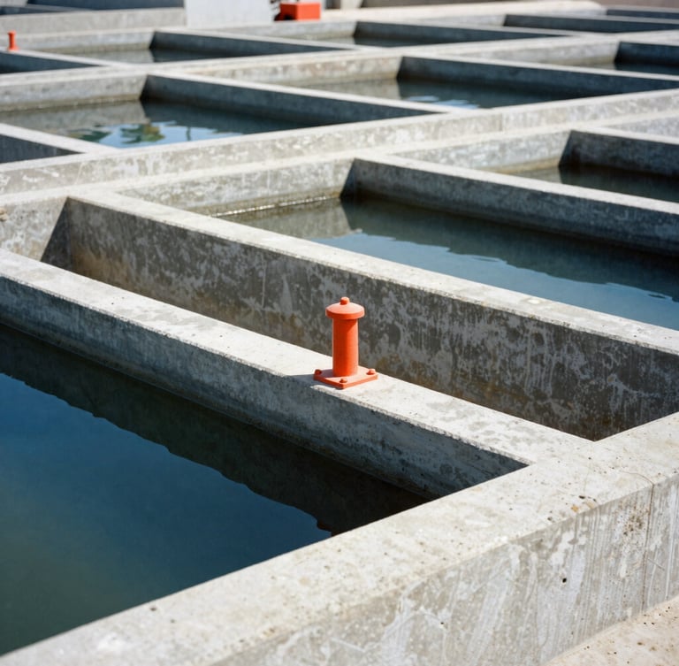 Wide environmental shot of an industrial water filtration facility in Senegal, concrete basins under hard daylight, high-contrast cool tones, 35mm