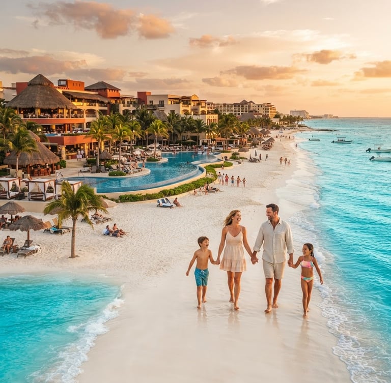 Wide environmental shot of a luxury family resort in Cancun, bright turquoise water, white sand beach, golden-hour light, 35mm lens