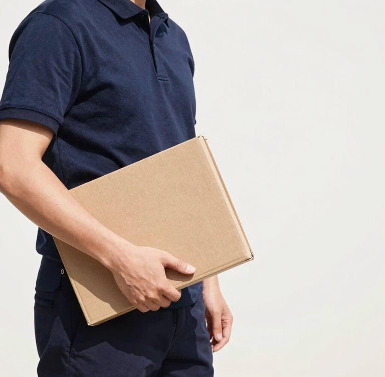 A professional courier in motion carrying a secure document folder, bright high-contrast daylight, 35mm lens.