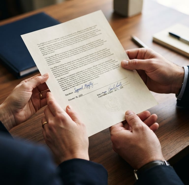 Close-up of hands holding a signed legal affidavit, bright crisp daylight, deep navy tones, sharp focus.