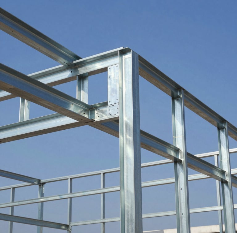 Sharp architectural photo of a Light Steel Framing structure under construction, galvanized steel profiles reflecting crisp daylight, geometric angles, blue sky background, high contrast, 35mm