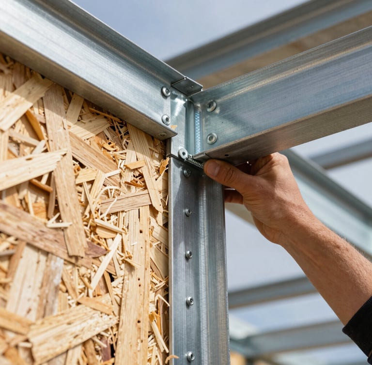 Macro close-up of a worker installing moisture-resistant OSB/3 cladding on a steel framing structure, precise screw pattern, crisp daylight, high contrast, industrial-technical style