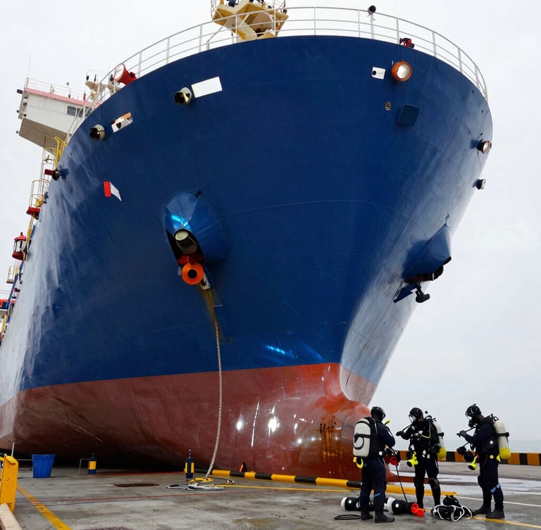 A massive industrial vessel hull in a dry dock, commercial divers preparing equipment on the dockside, high-contrast overcast daylight, sharp focus, industrial marine photography