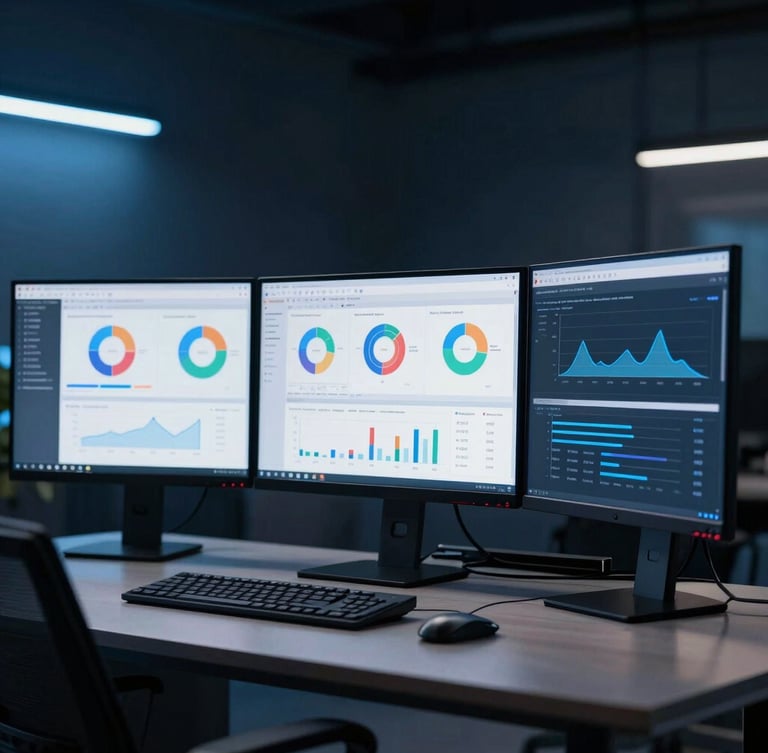A sleek modern workspace in Chennai with multiple monitors displaying analytics dashboards, soft blue ambient light, professional atmosphere, 35mm lens