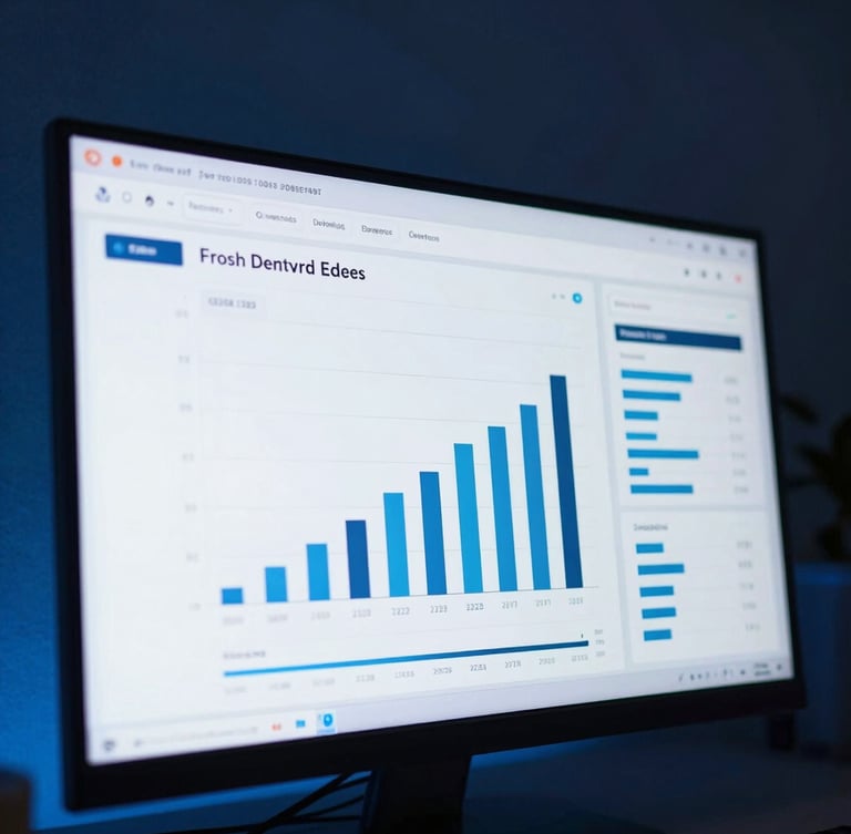 A close-up of a modern tech workspace in Chennai, sharp focus on a clean UI dashboard showing growth metrics on a screen, ambient blue side lighting, 35mm lens