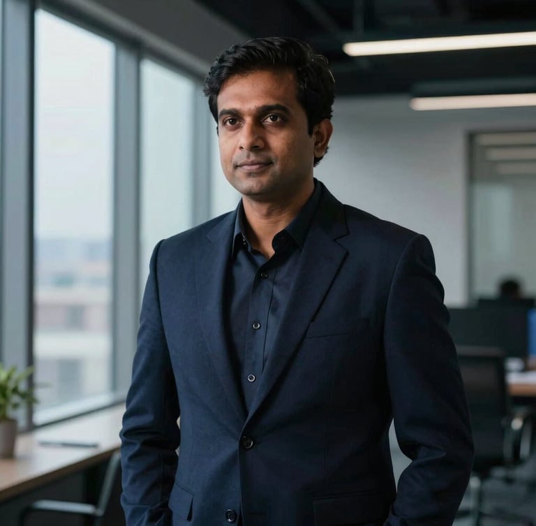 An authentic environmental portrait of a focused Indian business owner in a modern office, natural dramatic window light, deep navy tones, professional composition, 35mm lens