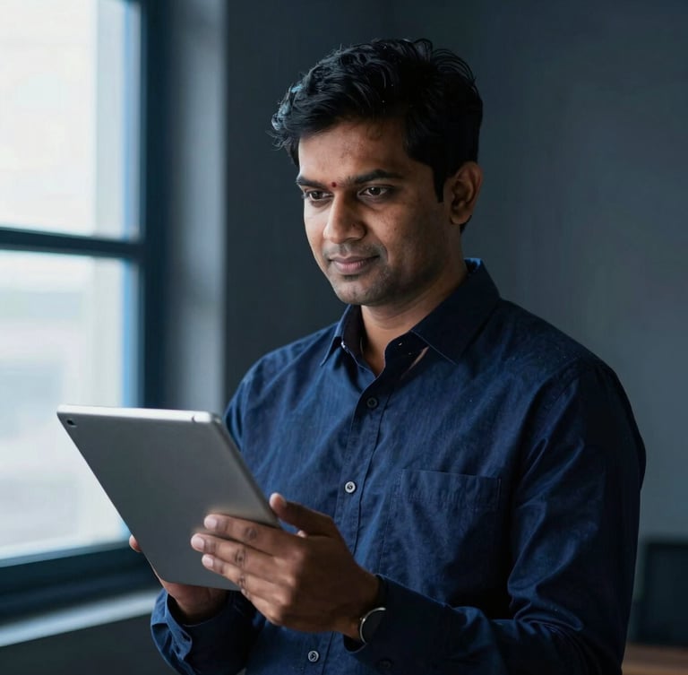 An environmental portrait of an Indian business owner in Coimbatore, looking confidently at a tablet, natural dramatic window light with blue accents.