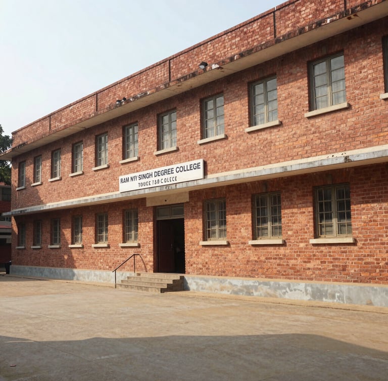 Wide angle shot of the brick facade of Ram Nath Singh Degree College under bright natural morning daylight, clean pathways, warm academic tones