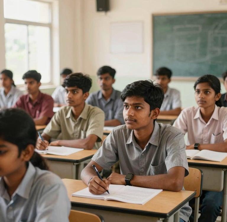 Documentary campus photography of Indian college students in a bright, naturally lit classroom, focused on a lecture, warm academic tones, 35mm lens.