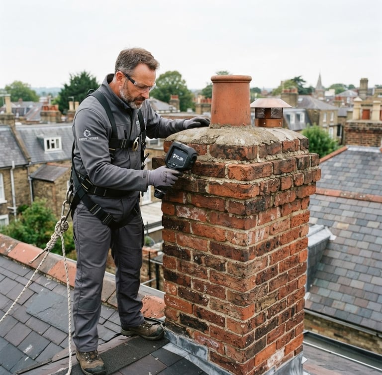 Professional technician in clean uniform on a roof, inspecting a historic brick chimney with a modern tool, overcast daylight, sharp focus.
