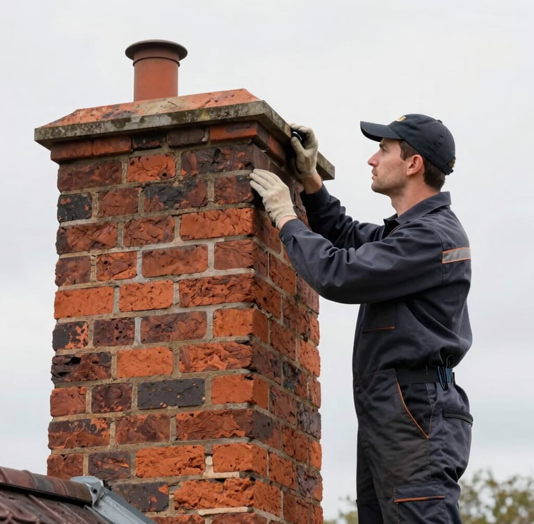 Portrait shot of a skilled chimney technician in a clean uniform, carefully inspecting historic brick masonry on a chimney, crisp overcast daylight, sharp focus, 35mm