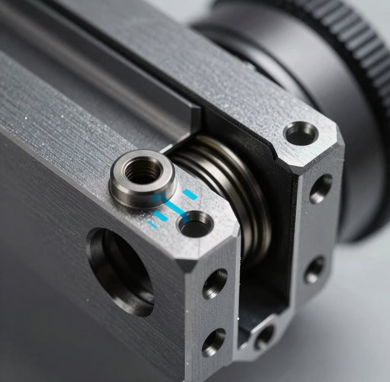 Extreme close-up of a dark grey anodized aluminum profile joint, showing high-precision milling, mechanical seals, and technical cyan alignment marks, sharp focus