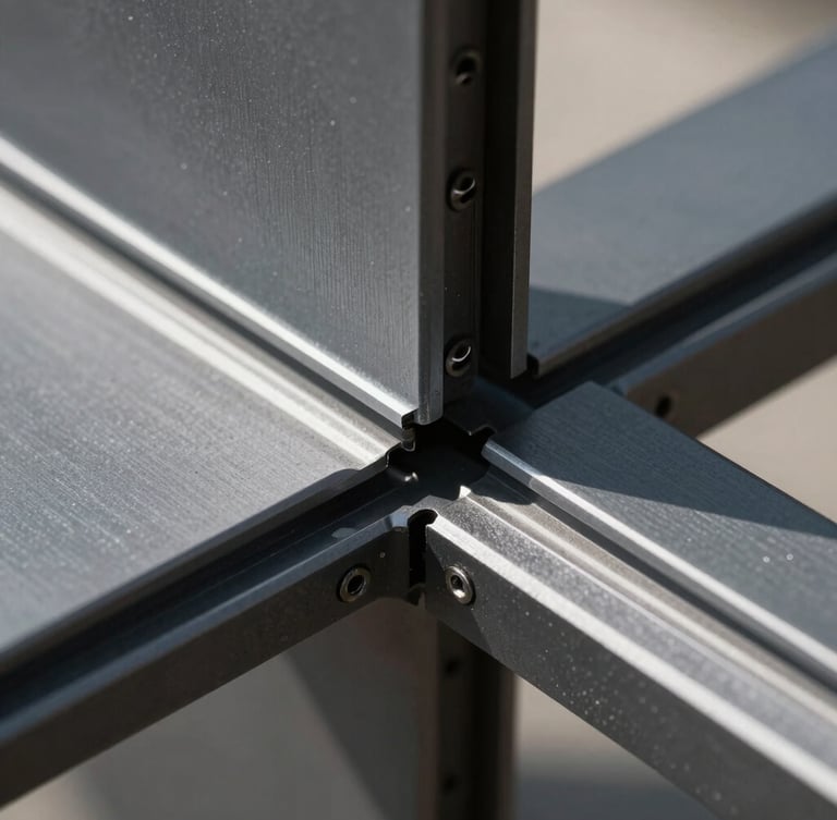 Extreme close-up of a dark grey aluminum profile joint with precise mechanical seals, sharp architectural daylight casting clean linear shadows