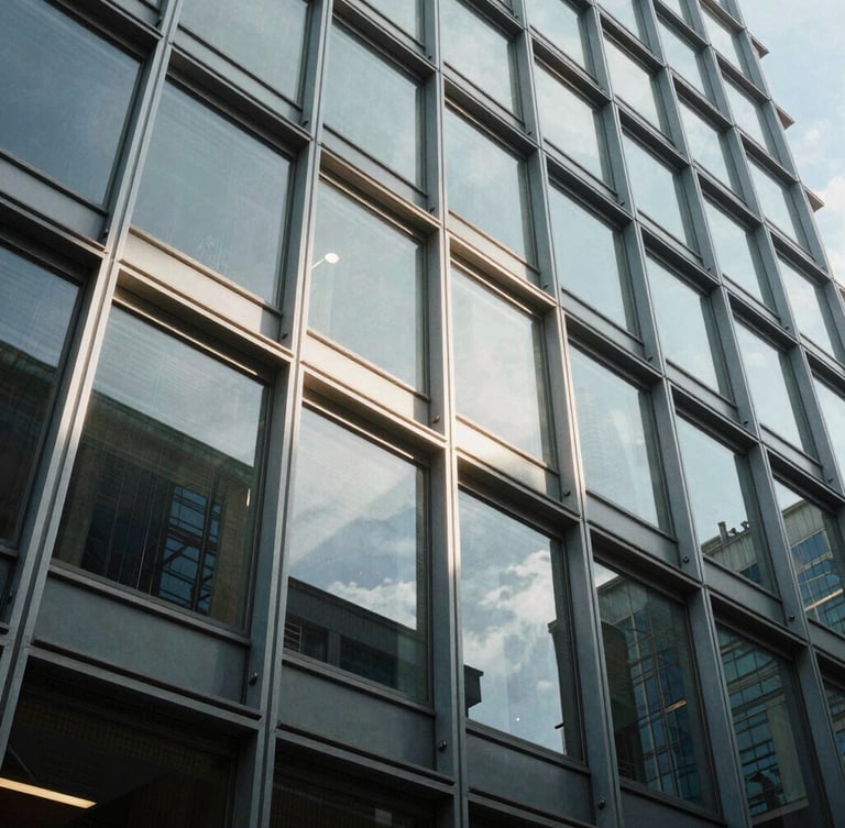Low-angle architectural photograph of a structural glass facade, crisp daylight casting sharp geometric shadows on aluminum profiles.