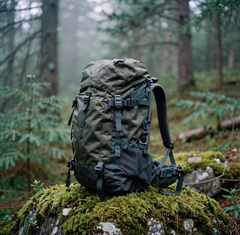 Close-up of a rugged technical backpack resting on a mossy rock in a misty pine forest, soft overcast daylight, moody green tones, 35mm film style