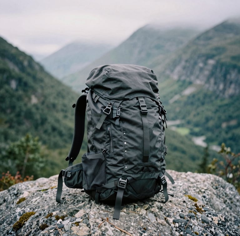 Close-up of a rugged technical backpack resting on a granite boulder overlooking misty Scandinavian mountains, overcast cold daylight, moody 35mm film