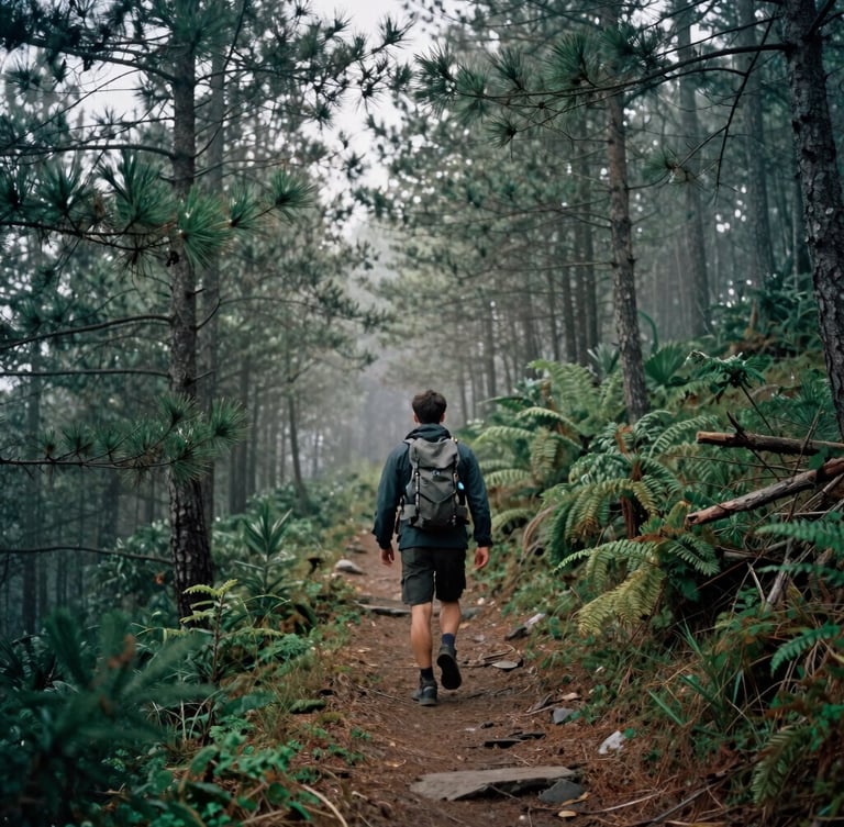 Cinematic wide shot of a male hiker navigating a misty pine forest trail, soft overcast daylight, moody 35mm film, deep forest greens and misty grays