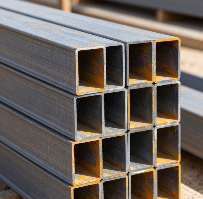 Close-up macro shot of a stack of new, heavy-duty steel construction beams on a job site, crisp natural daylight, high contrast, 50mm lens
