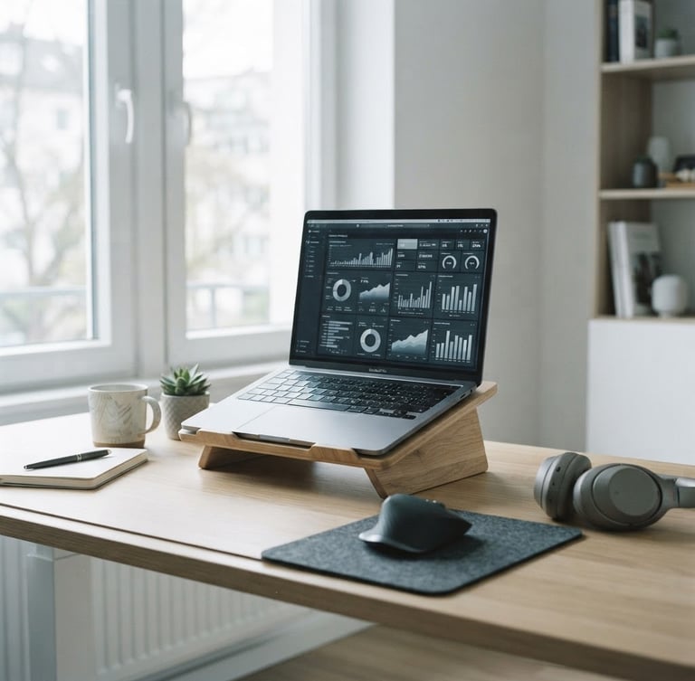 A clean, modern remote workspace with a laptop displaying analytics, bright natural daylight, desaturated cool tones, sharp focus, 35mm lens
