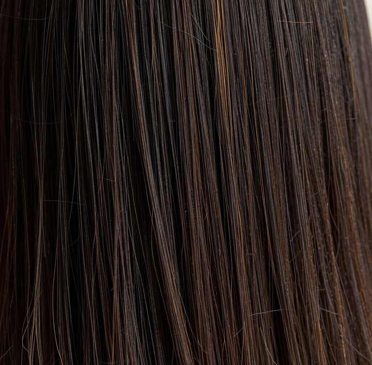 Macro editorial photograph of thick, lustrous raw black hair strands under warm directional studio lighting, showing authentic cuticle texture and natural sheen.