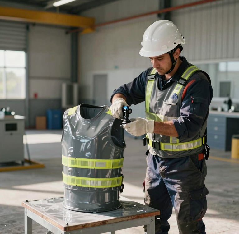 Vista de ángulo medio de un técnico con casco y chaleco de seguridad aplicando recubrimiento epóxico gris en un piso industrial, iluminación natural brillante de día, entorno limpio.