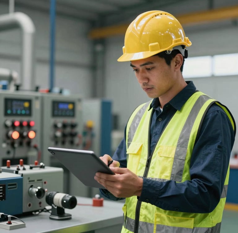 Primer plano de un ingeniero de control de calidad con casco y chaleco de seguridad reflectivo revisando un reporte técnico digital en una tableta, fondo industrial limpio y luminoso de día.