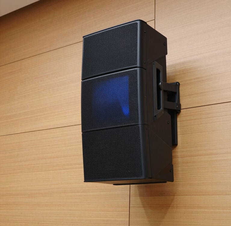 Close-up architectural shot of a sleek line-array speaker column flush-mounted to a minimalist wood-paneled auditorium wall, natural lighting, sharp focus, 35mm