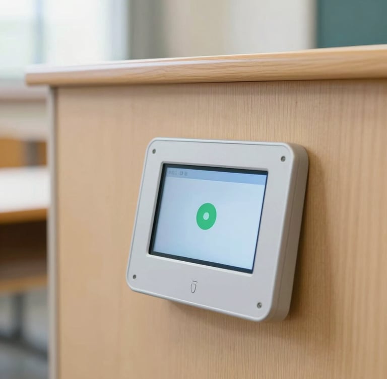 Close-up macro shot of a sleek flush-mounted touch control panel on a light wooden classroom lectern, displaying a simple interface with a green join button, soft background blur, natural daylight.