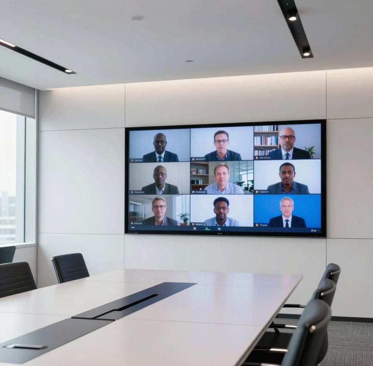 Pristine modern boardroom with a large active video conferencing display showing remote participants, clean architectural lines, flush-mounted ceiling microphones, cool daylight, 35mm photography.